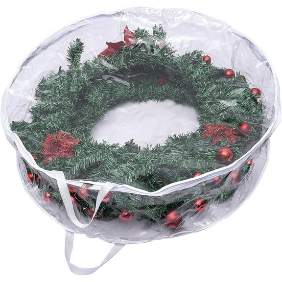 Wreath Storage Bag 24in | Clear Everyday Stores Two 24Inch Wreaths, Garland Holiday Cont with Clear Window, Reinforced Handles and Dual Zipper,2 Pack 24x8inch(White)