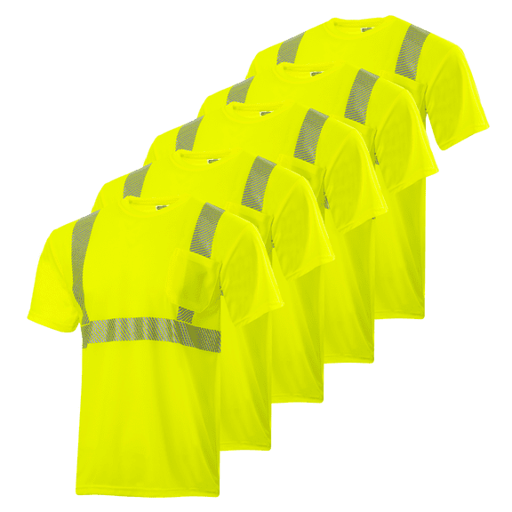 JORESTECH 5-Pack Hi-Vis Short Sleeve Safety Shirt, Heat Transfer, ANSI Class 2 (Yellow, L)