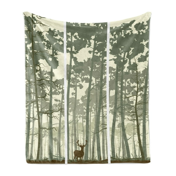 Forest Soft Flannel Fleece Throw Blanket, Vertical Stripes with Tall Trees and Lonely Deer Nature Illustration, Cozy Plush for Indoor and Outdoor Use, 70" x 90", Sage Green Cream Brown, by Ambesonne