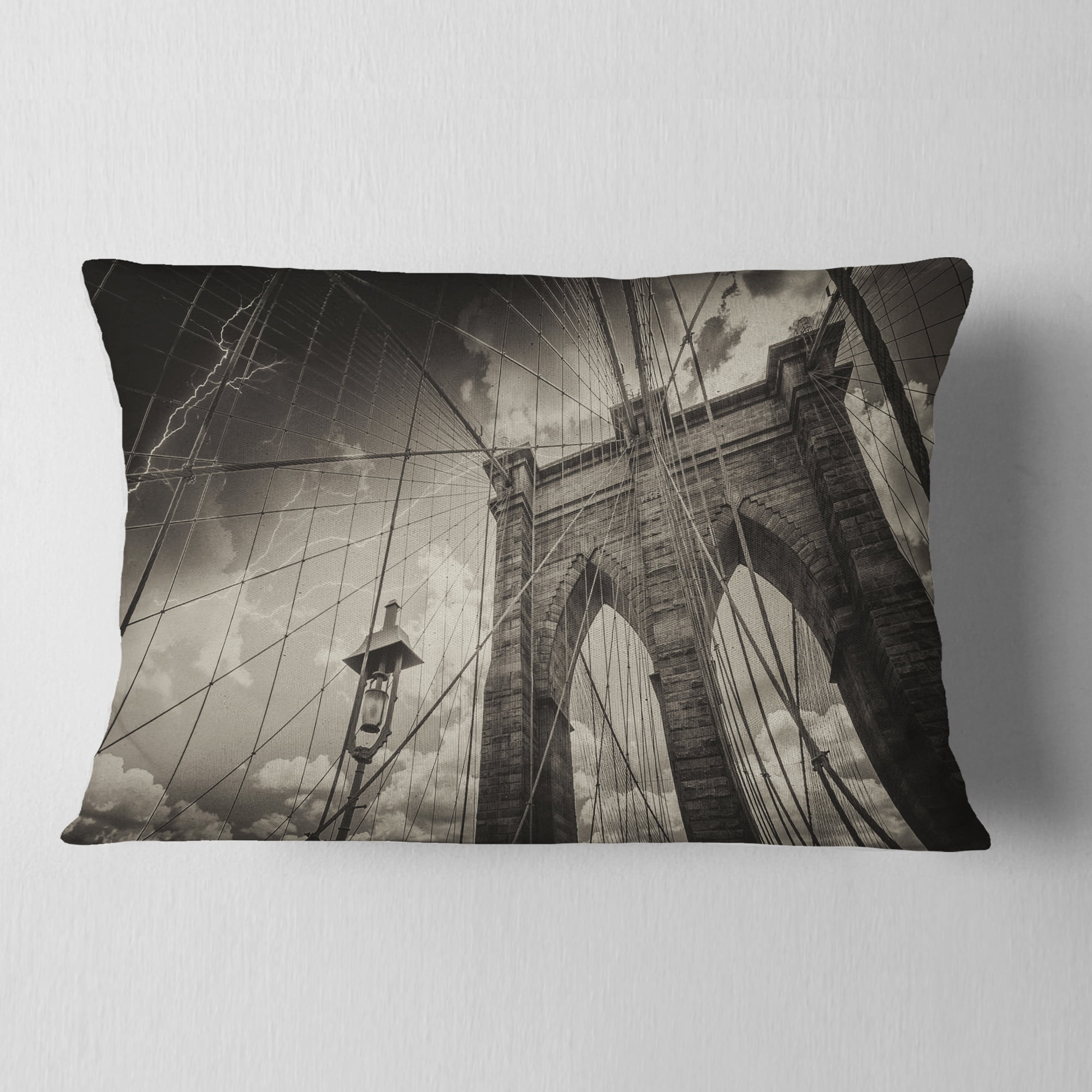 Designart Upward View of Brooklyn Bridge - Cityscape Photo Throw Pillow - 12x20