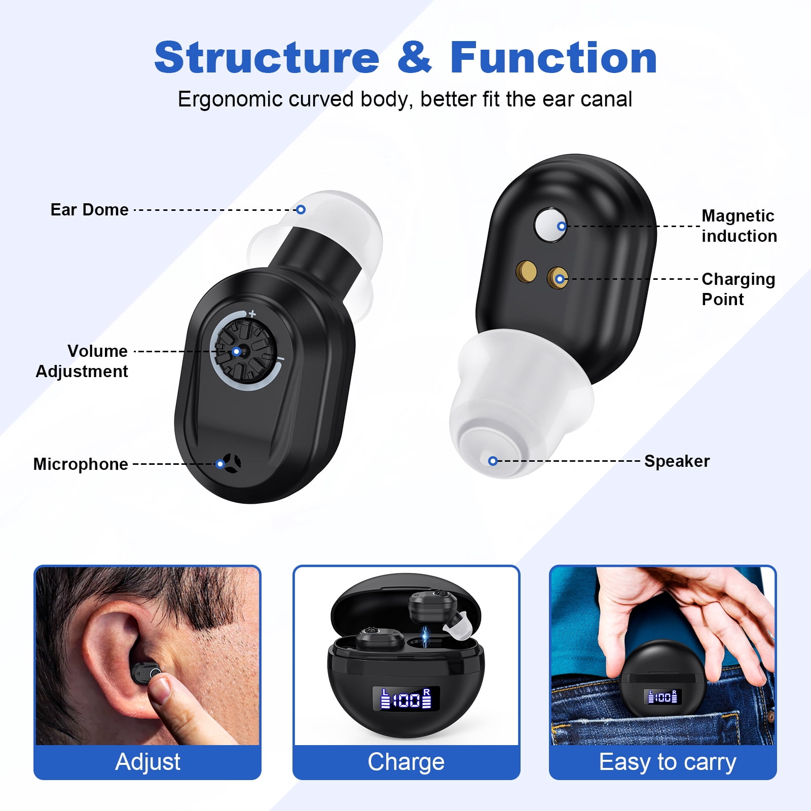 Hearing Aids for Seniors Rechargeable with Noise Cancelling, Hearing Amplifier for Adults Hearing Loss, Invisible Hearing Aid, In Ear Sound Amplifier With Charging Case