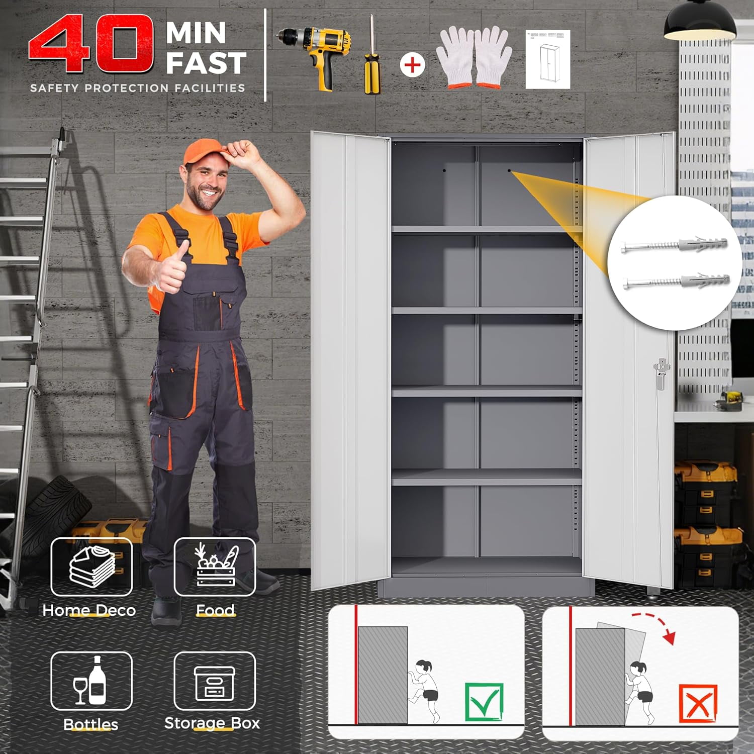 Pataku Garage Storage Cabinet Metal Locking Cabinet 5-Layer with Door Steel Multifunctional Storage Cabinet with 4 Adjustable Shelves, Tool Cabinets for Home, Office, Warehouse