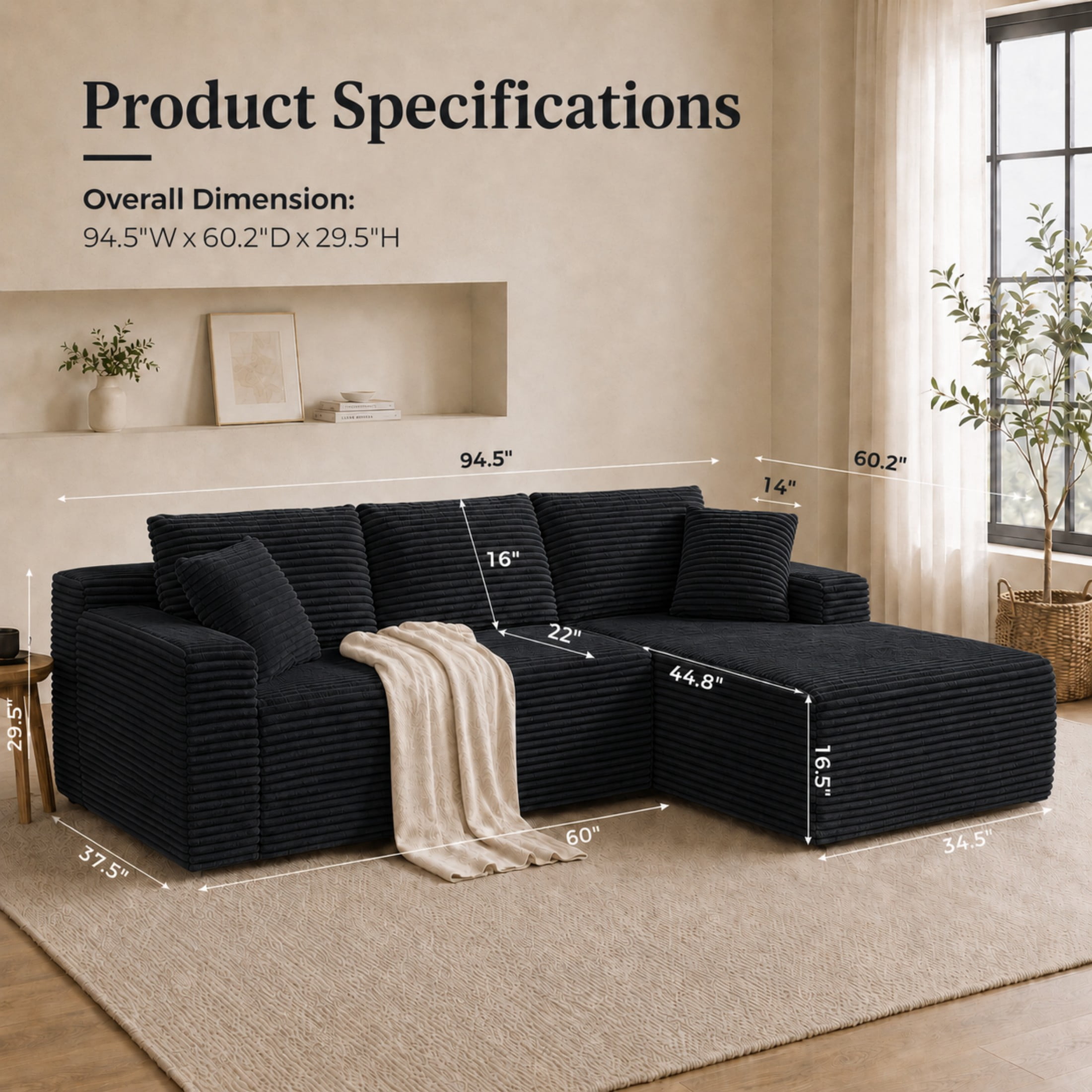 Aenkyo 106 Inch Corduroy L-Shaped Cloud Sectional Sofa with Reversible Chaise, Black