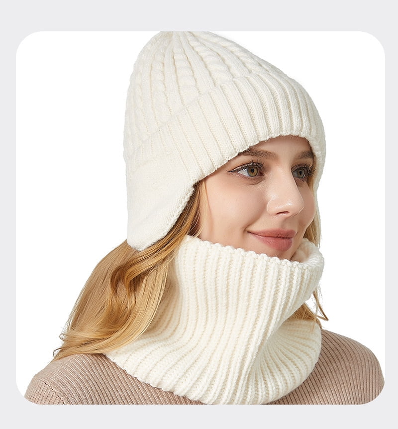 Women Men Winter Beanie Hats, Two Pieces Fleece Lined Knit Balaclavas Mask Set, Unisex Skull Neck Circle Scarf Ski Snow Hat