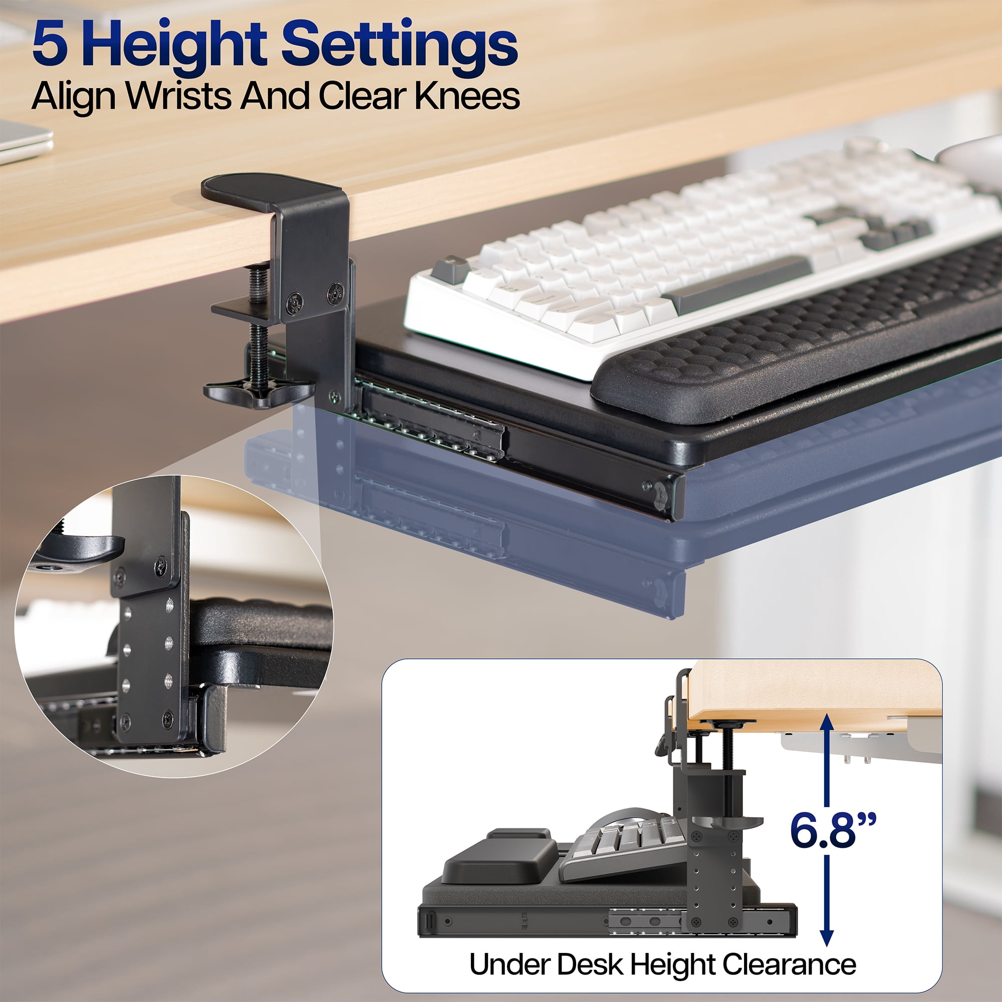 VIVO Black Clamp-on Height & Width Adjustable Keyboard Tray