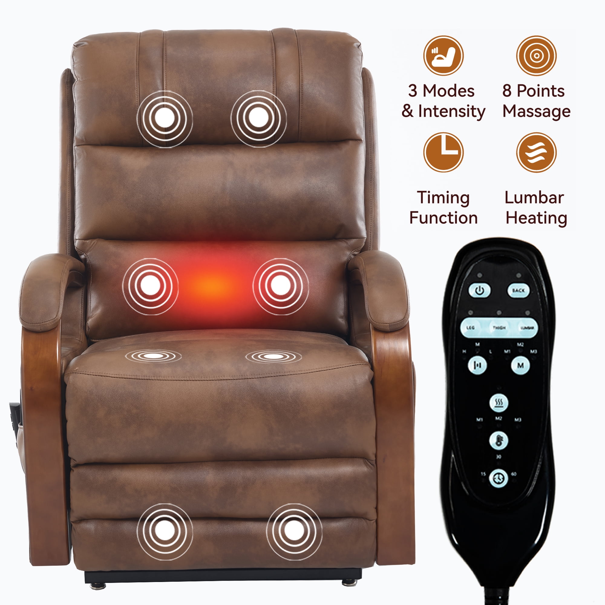 Gewnee Power Lift Recliner Chair with Heat and Massage,Lay Flat Assist Recliner with Side Pocket & Solid Wood Armrest,Lift Chair for Living Room.Brown PU