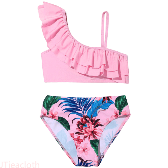 JTieacloth Toddler Girl 2 Piece Swimsuit Sport Blue Flower Floral Prints High Waist Bikini Set Swimwear Beach Bathing Suit,Sizes 5-6 Years