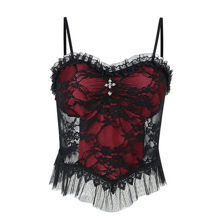 

Women Gothic Spaghetti Strap Crop Top Harajuku Sexy Ruffled Floral Lace Backless Camisole for Cross Pendant Mesh Slim Ve