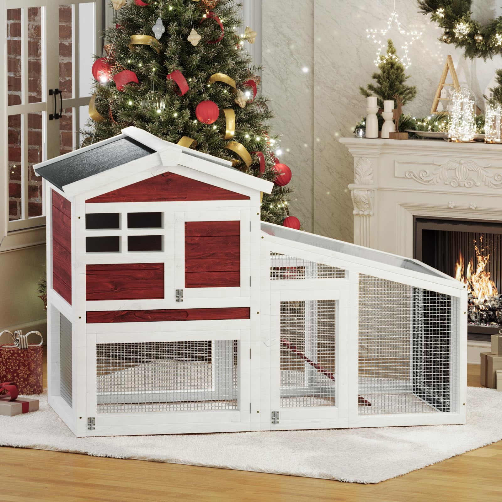 Huisuilinss Wooden Rabbit Hutch,Large Rabbit Cage ChickenCoop Expandable With Pull Out Trays,Chew-Proof Ramp & Waterproof Roof,Small Animal Habitat For Indoor And Outdoor