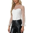thumbnail image 4 of INSPIRE CHIC Women's Lace Bell Mesh Long Sleeve Round Neck Heart Dots Print Top Blouse M White, 4 of 6