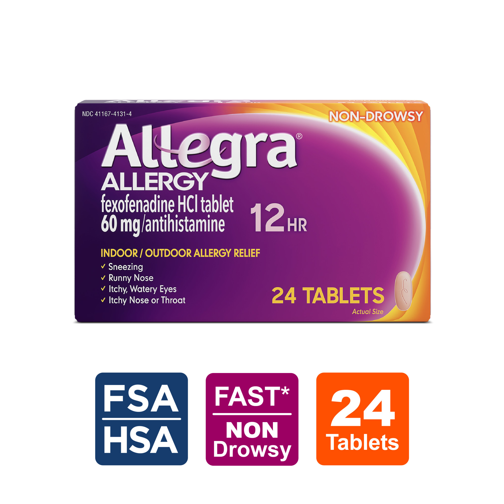 Allegra Adult 12-Hour Allergy Relief Tablets, Non-Drowsy Indoor and Outdoor Allergy Medicine, 60 mg Fexofenadine HCI Antihistamine Pill, 24-Count