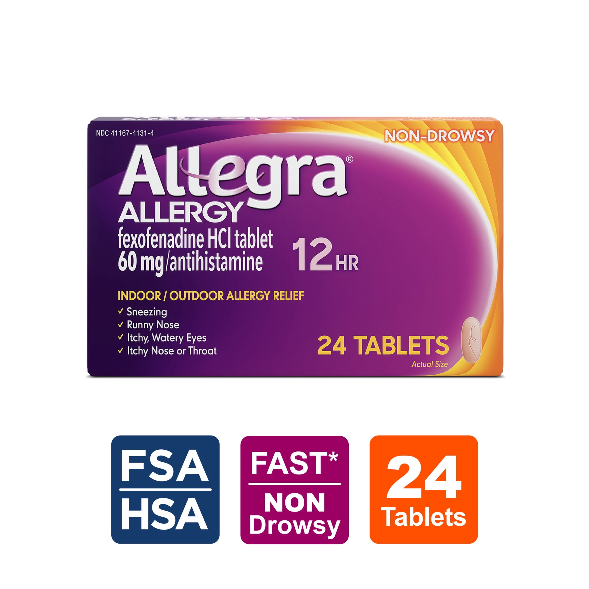 Allegra Adult 12-Hour Allergy Relief Tablets, Non-Drowsy Indoor and Outdoor Allergy Medicine, 60 mg Fexofenadine HCI Antihistamine Pill, 24-Count