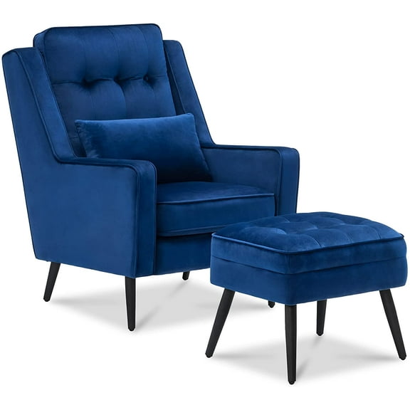 Mcombo Velvet Accent Club Chair, Upholstered with Black Metal Legs, Extra Lumbar Pillow, Modern Armchair for Living Room Bedroom 4278 (Blue)