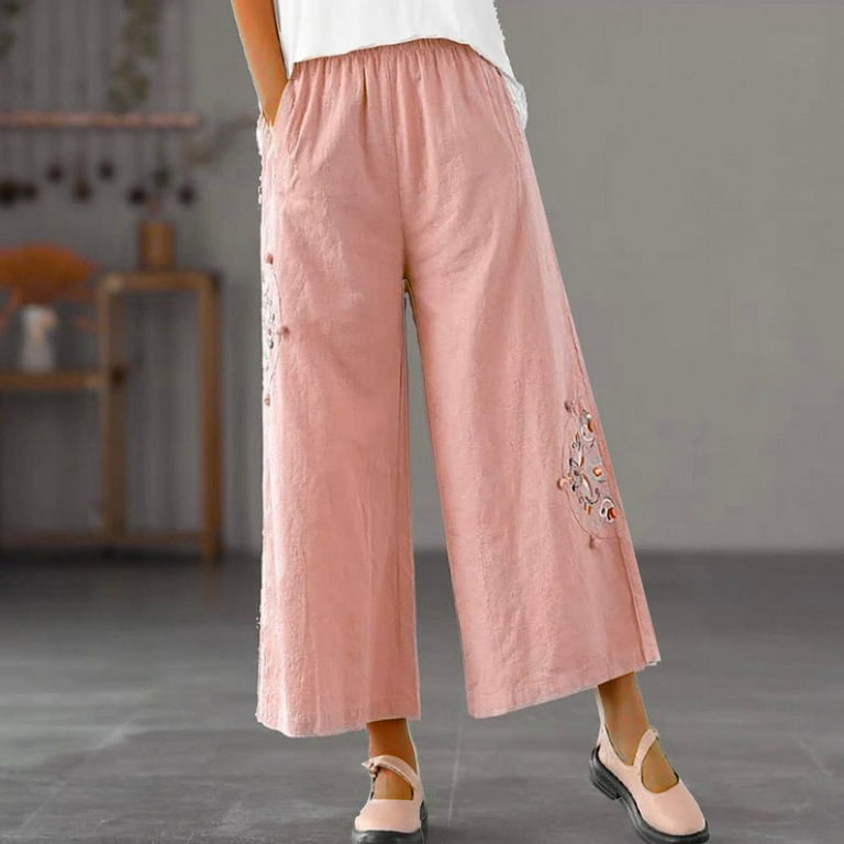 XFLWAM Womens Casual Loose Cotton Linen Pants Elastic High Waist