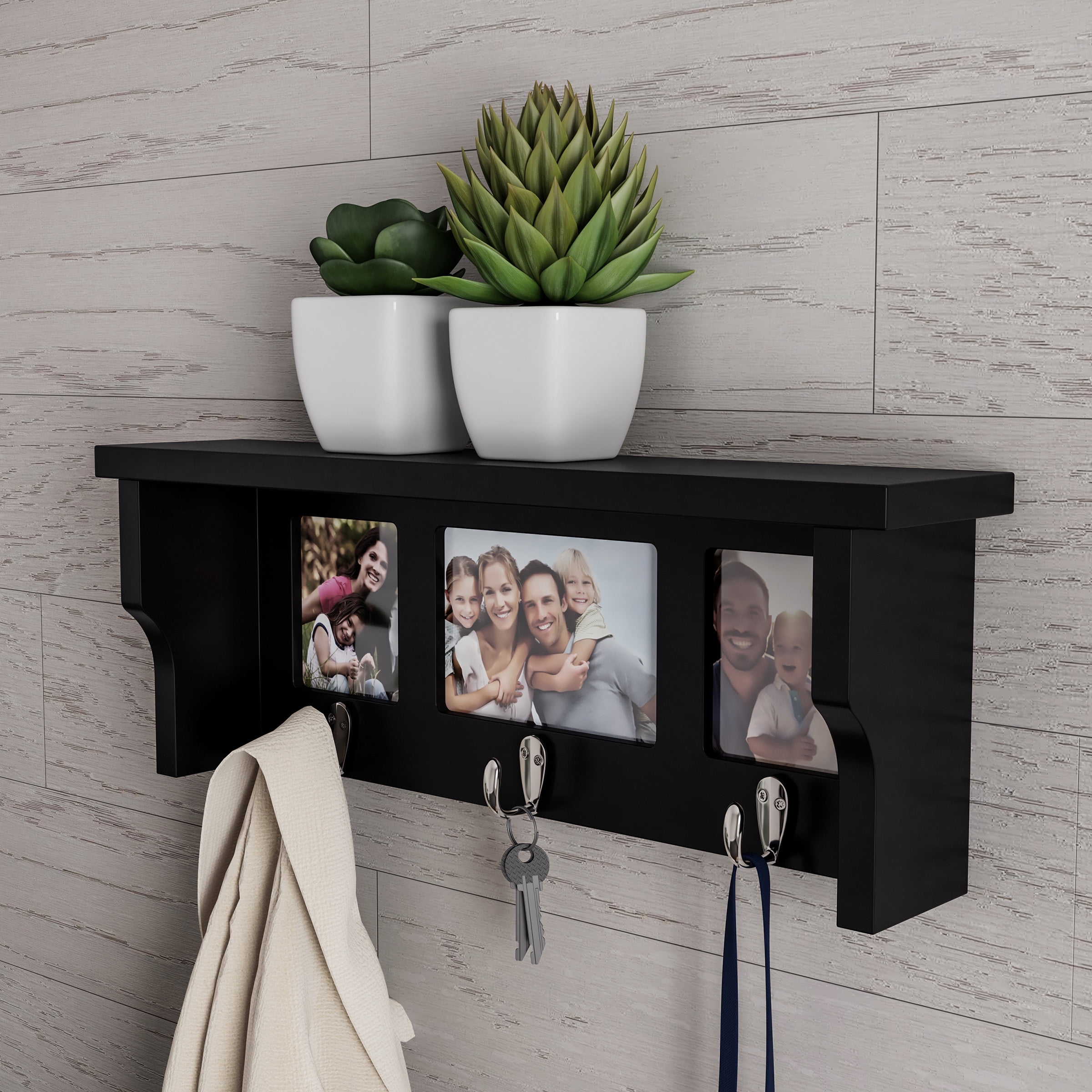 Lavish Home Wall Shelf and Picture Collage with Ledge and 3 Hanging Hooks- Holds 3 Photos (Black)