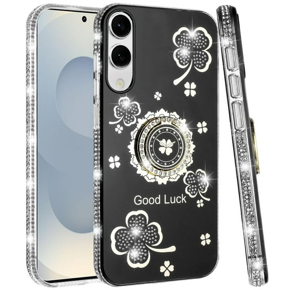 For Samsung Galaxy S25 EDGE Case, Diamonds Bling All Around Edges Sparkly Glitter Hybrid with Ring Stand Holder Fashion Good Luck Phone Cover (Black)