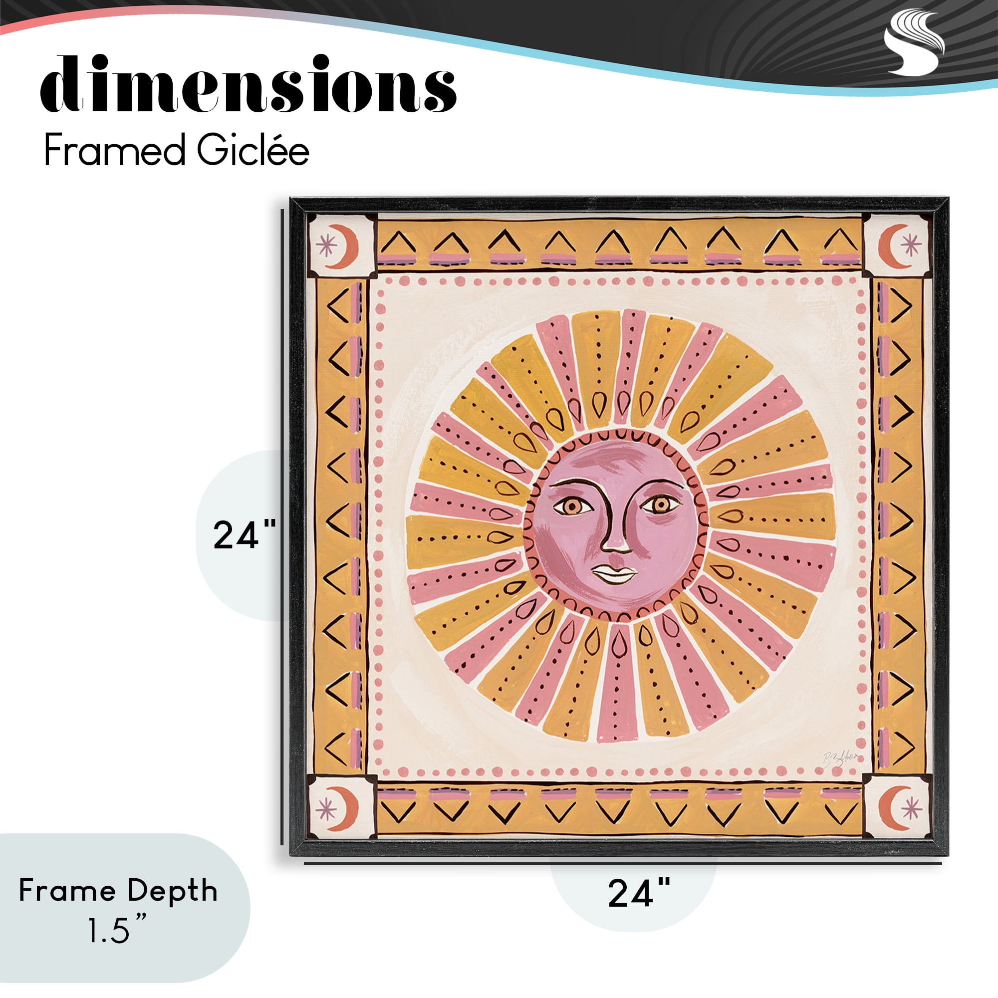 Stupell Industries Pink Sun Face with Geometric Border Black Framed Giclee Art, design by Two If By Sea Studios