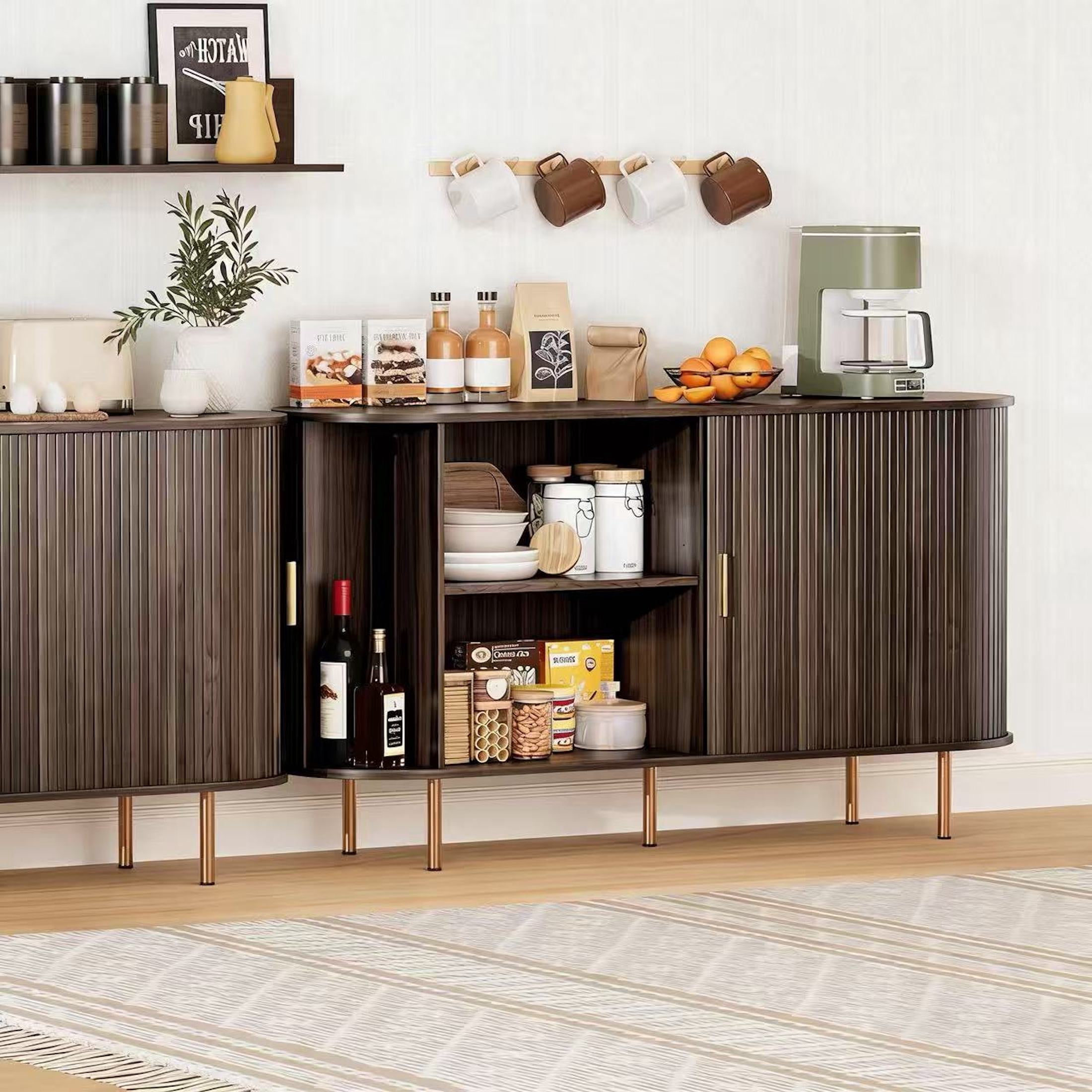 Aisword Sideboard Buffet Cabinet with Storage,Mid Century Modern Fluted Accent Coffee Bar Console Table,Tambour Sliding Doors& Adjustable Shelf for Kitchen, Living Room, Entryway, 55 Inch Dark Walnut