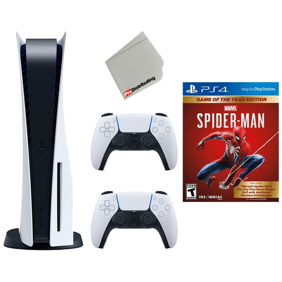 Restored Sony Playstation 5 Disc Version with Extra Controller, Marvel's Spider-Man and Cleaning Cloth Bundle - Glacier White - (Refurbished)