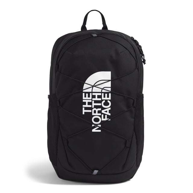 mochila the north face teen court jester tnf black kids mochila juvenil negra con logo blanco vertical, vista frontal centrada con silueta rectangular compacta; cordón elástico frontal entrecruzado, dos bolsillos laterales de malla para botellas, funda divisora interior y correa de esternón; asas y correas acolchadas para mayor comodidad; ideal para escuela, entrenamiento y salidas; 24.6 L.