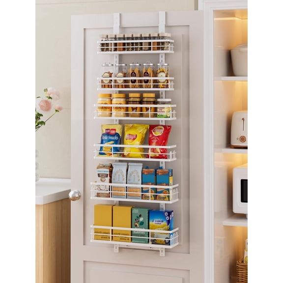 Delamu Over the Door Pantry Organizer, 6 Tier Pantry Door Organizer with Adjustable Basket, Door Spice Rack Seasoning Organizer, Metal Hanging Pantry Organizers and Storage for Kitchen,15.3" White