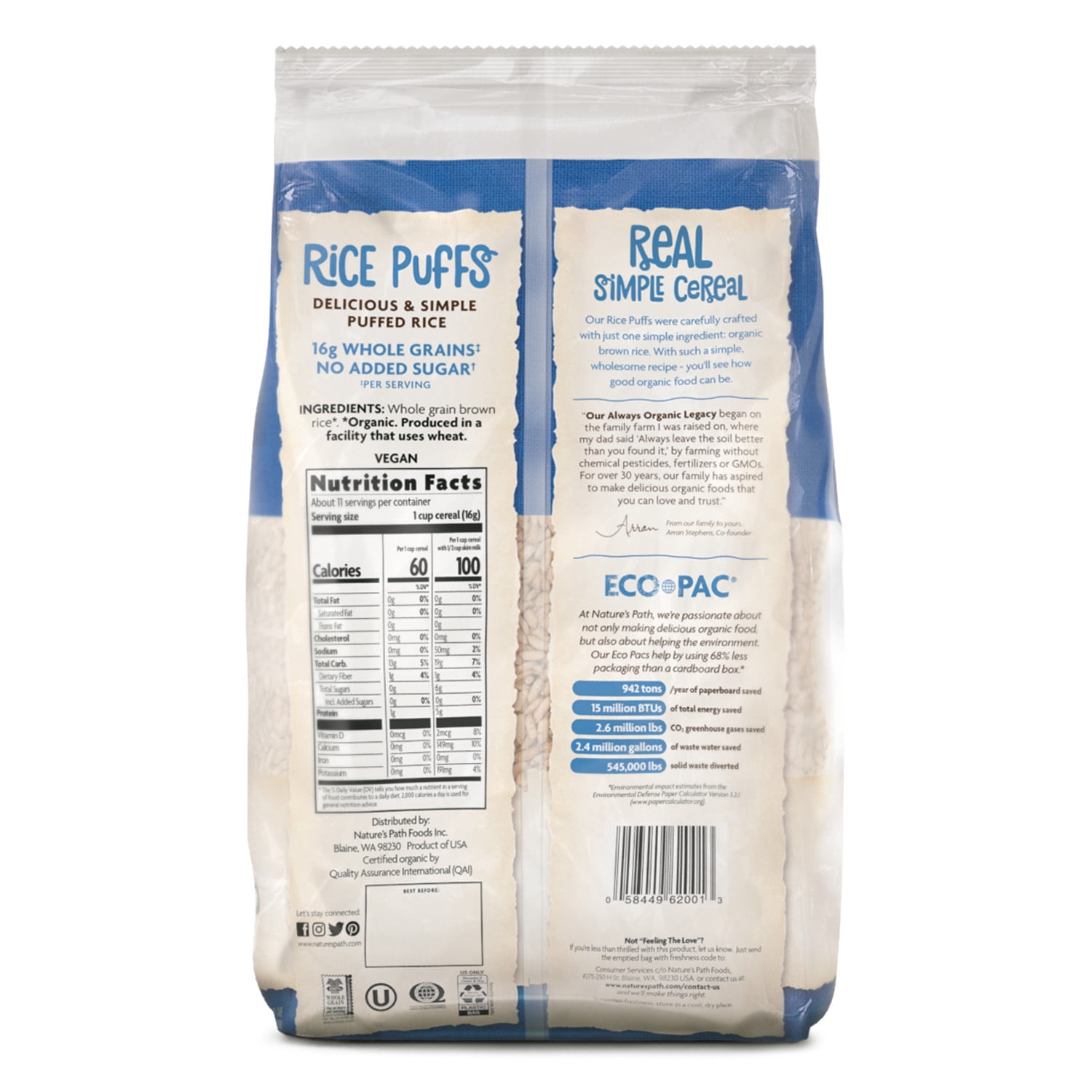 Nature's Path Organic Rice Puffs Breakfast Cereal, 6oz Bag (pack of 12)