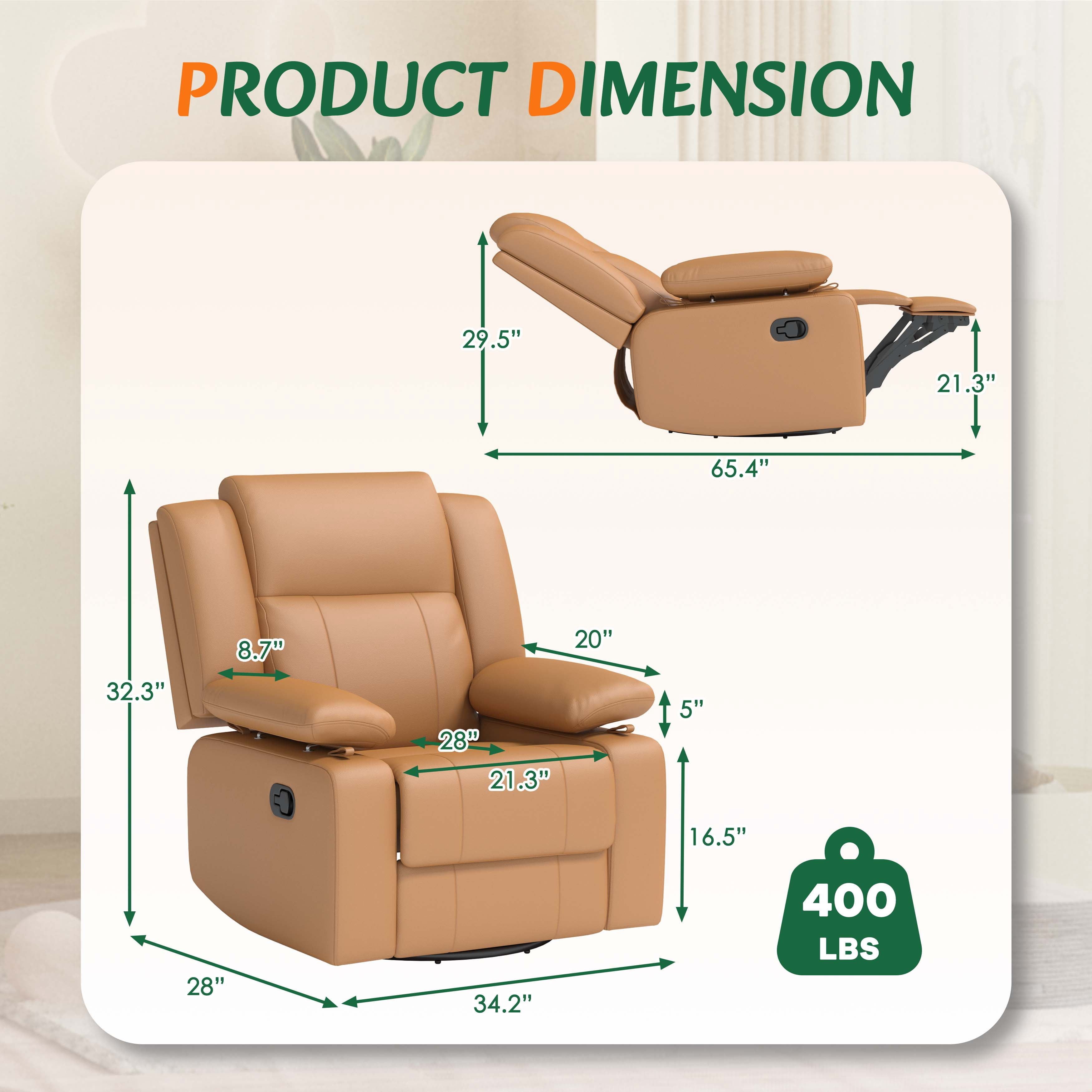 LAZZO Recliner Chair with Adjustable Armrest and Headrest, Upholstered Swivel Rocking Chair for Nursery & Living Room, Brown