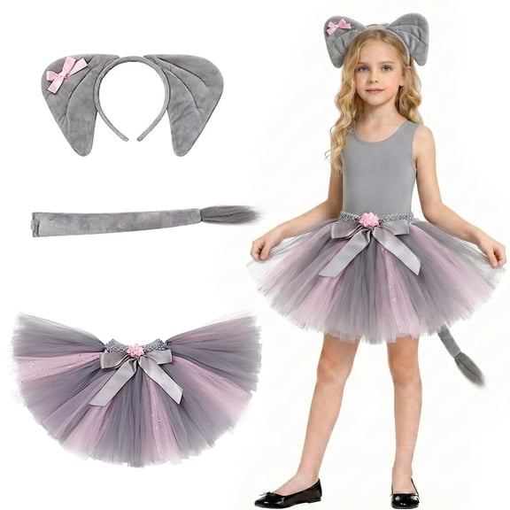 Gunia Girls Tutu Skirt Animal 4 Piece Net Waist Graphic Tee Bow Headband Tail Dress Up Princess Birthday Party Skirts For Kids Toddler Girls Grey 5-6 Years
