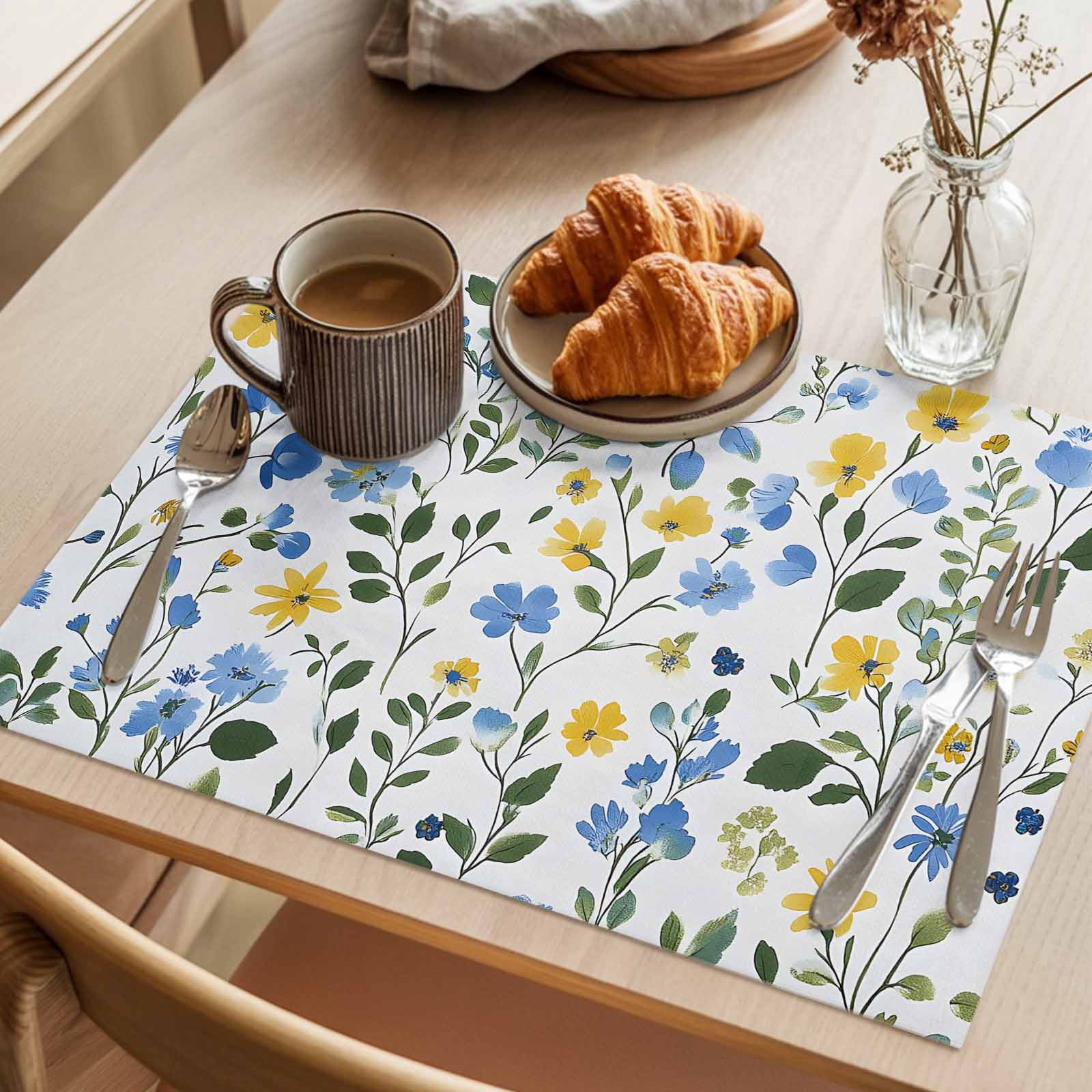 Placemat Set of 6 Yellow Blue Floral Leaf Placemats for Dining Table Wildflowers Plant Washable Table Mats for Kitchen and Party Decor Indoor & Outdoor Use