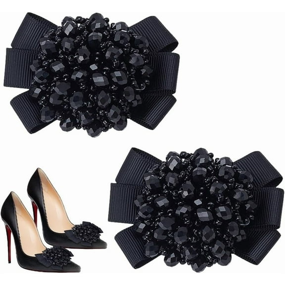 2Pcs Black Ribbon Shoes Clips Elegant Shoe Charms Clips Shoe Charms with Beaded Decoration Shoe Buckle