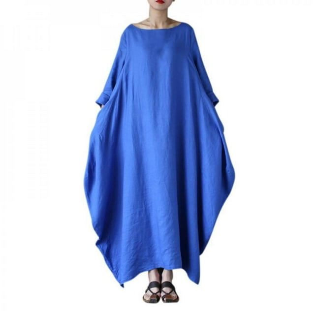 Robes Amples pour Femmes Grande Taille Manches Mi-Longues Col Rond Longueur Cheville Vestido Femme Mode Automne Décontracté Plage Fête Robe Blanc TG