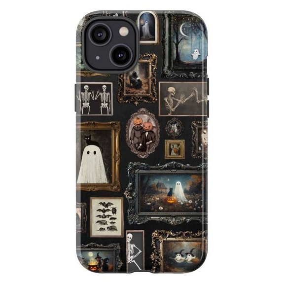 Vintage Gothic Halloween Collage iPhone Case, Skeletons, Ghosts & Pumpkin Art Frames Design, Spooky Fall Aesthetic Protective Cover for iPhone 16 15 14 13 12 11 Pro Max Plus Mini