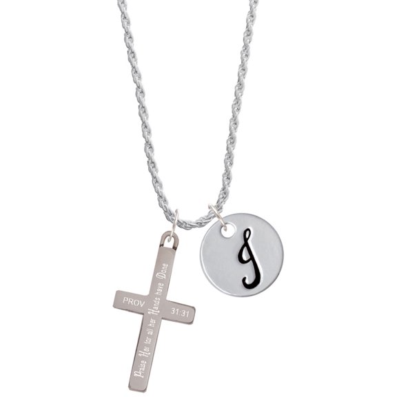 Delight Jewelry Stainless Steel Proverbs 31:31 - Praise Her Engraved Cross - Silvertone Script Initial Disc - J - Charm Necklace, 20"+3"