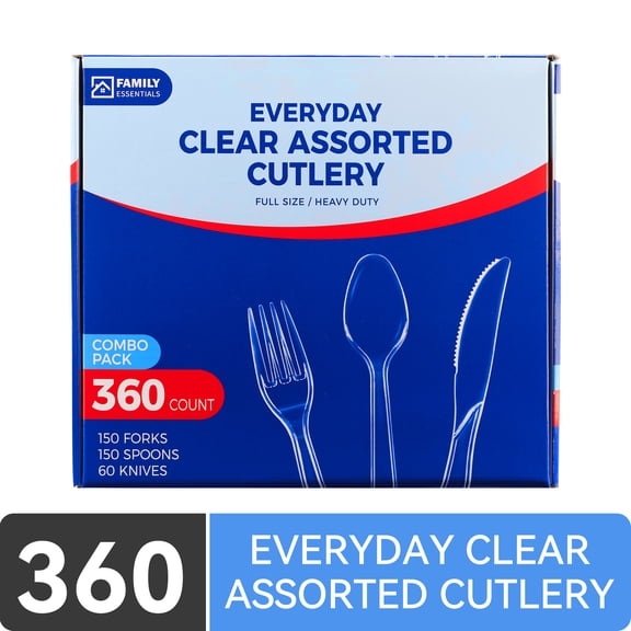 Family Essentials Premium Clear Assorted Plastic Cutlery, Heavy Duty Disposable Forks, Spoons and Knives, 360 Count