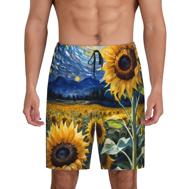 Balery Starry Sky Sunflower Pantalones cortos de pijama de punto de algodón para hombre con cinturilla y bolsillos-Large