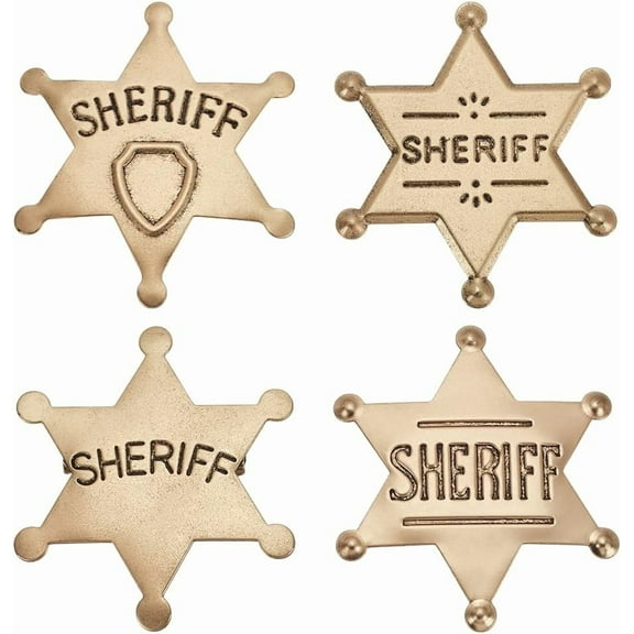 4 Pcs Metal Sheriff Badge 2.36inch 4 Styles Iron Star with Word Sheriff Brooch Pins Golden Police Badge with Pin Western Cowboy Sheriff Badge for Woman Man Cosplay Party Supply Golden