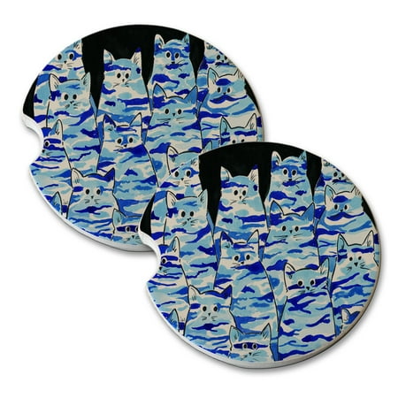 Blue Sand Store KuzmarK Sandstone Car Drink Coaster (set of 2) - Blue Camo Camouflage Kitties Abstract Cat Art by Denise Every ()