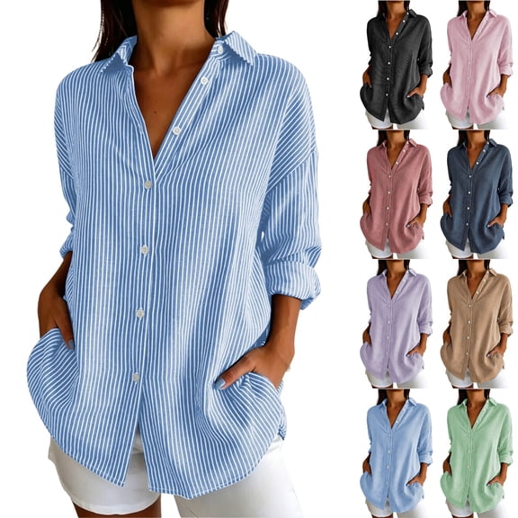 Women's Loose Fit Long Sleeve Striped Button Down Collared Blouse Shirt Casual Basic Work Tunic Tops Office Outfits | CSEONE,Black L