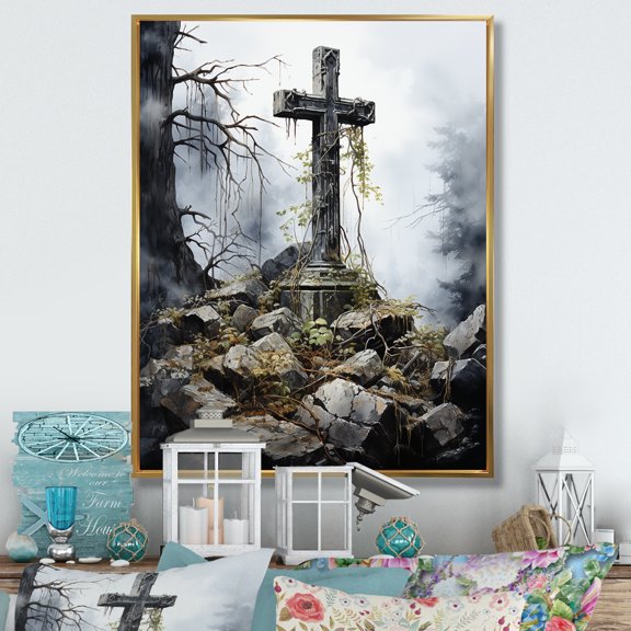Designart "Sacred Solace Religious Cross wall art I" Christianism Floater Framed Canvas Print