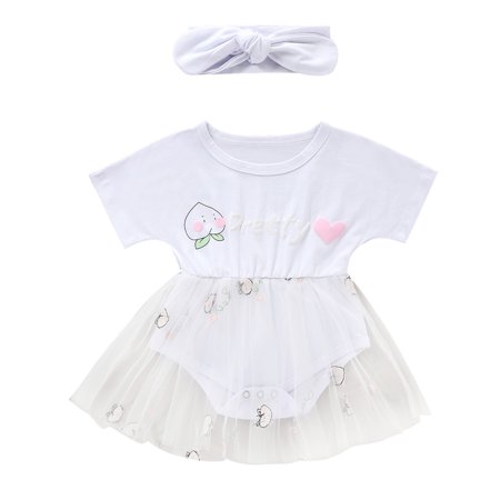 

TUOBARR Infant Baby Girls Letter Peach Printed Tulle Romper Bodysuit+Headbands White (0-18Months)