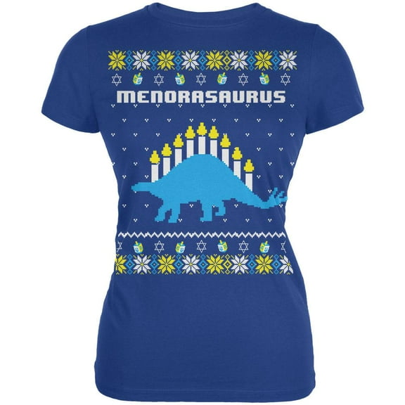 Hanukkah Ugly Sweater Menorasaurus Menorah Stegasaurus Juniors Soft T Shirt Royal X-LG
