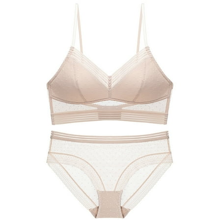 

Women French Bra Panties Set Sexy Backless Invisible Wireless Bralette Striped Polka Dot Sheer Mesh Lace Thong Underwear