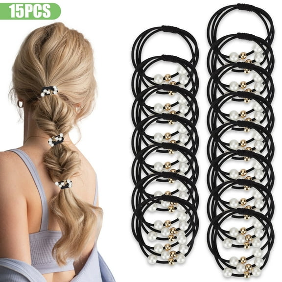 TSV 15pcs Elastic Hair Ties, No-Slip Pearls Hair Ropes, Multi-Layer Ponytail Holders for Women