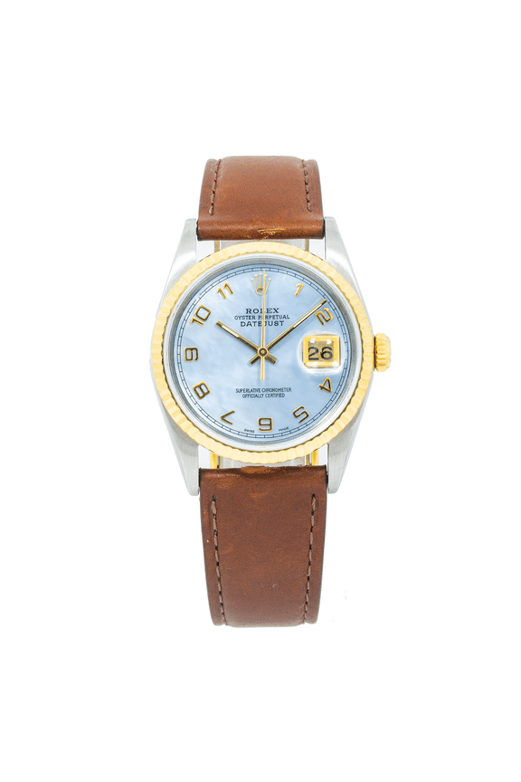 Pre-Owned Rolex Datejust 36MM 16233 Blue Mother of Pearl Arabic Dial Fluted Bezel Brown Leather Strap