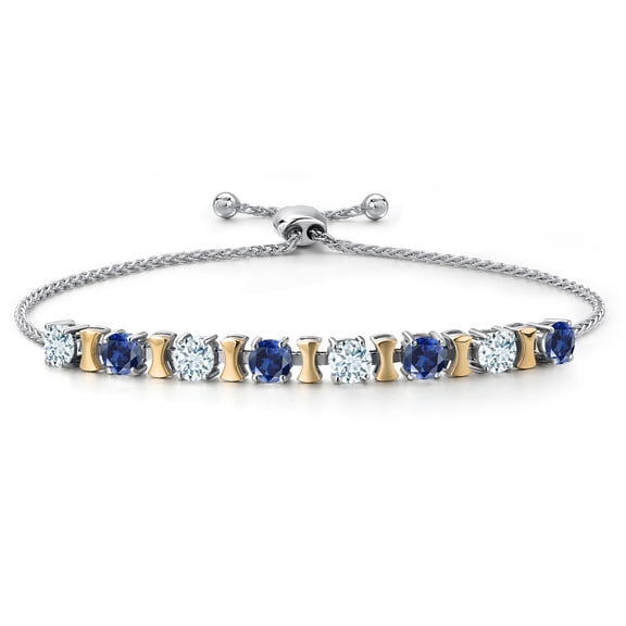 Gem Stone King 925 Silver and 10K Yellow Gold Sky Blue Aquamarine and Blue Created Sapphire Bracelet for Women | 2.00 Cttw | Gemstone March Birthstone | Round 4MM | Adjustable up to 9 inch