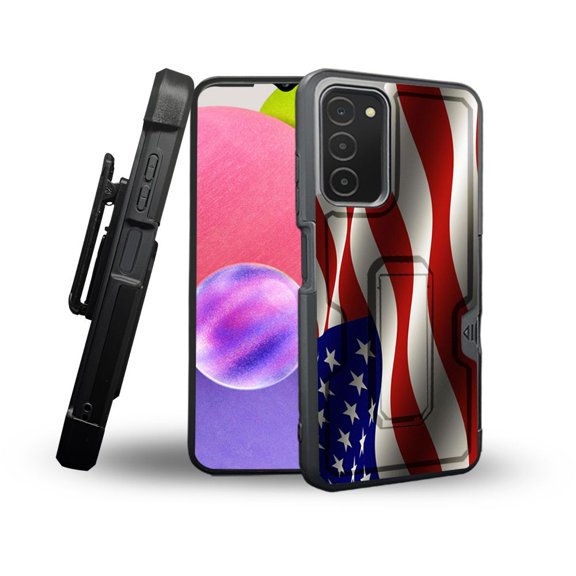 ANJ  Rugged Shockproof Holster Case Card Slot Kickstand   Tempered Glass Cover for Samsung Galaxy A03s - Waving American Flag 2