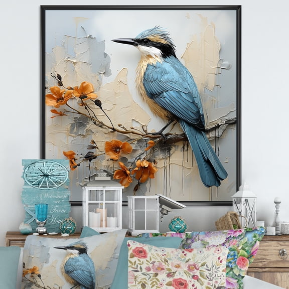 Designart "Minimalist Blue Avian Among Florals II" Birds Of Paradise Floater Framed Canvas Wall Art