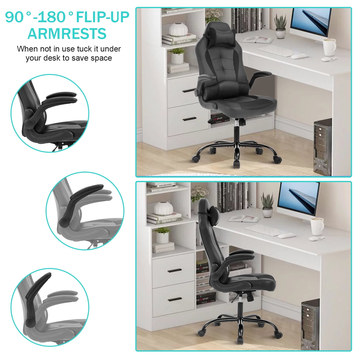 PC Gaming Chair Ergonomic & Adjustable Office Desk Chair Leather Reclining Computer Chair with Flip Up Arms Headrest for Adult Teen,Black