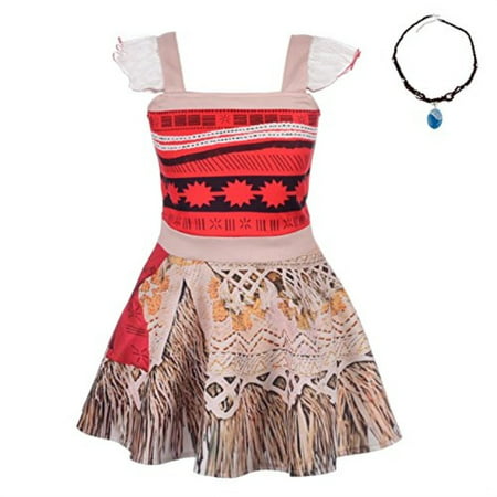 Lito Angels Girls Dresses Moana Costume Adventure Outfit Halloween Fancy Party Dress with Necklace Size 2T 3T