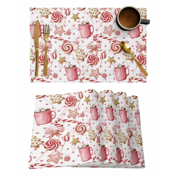 Christmas Tree Candy Cane Placemats Set of 12 Pink Coffee Cup Star Heat Insulation Washable Place Mats, Rustic Non-Slip Table Mats for Dining Table Party Kitchen Decor,13x19 Inch